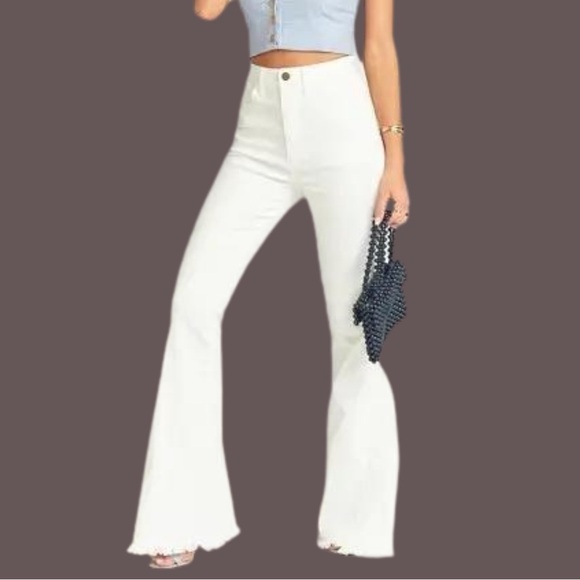 White Bell Bottom Jeans High-Waisted Retro - Picture 3 of 4